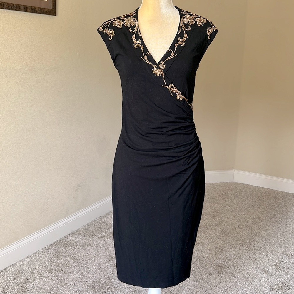EUC Cache black faux-wrap dress with golden embellishments, sz L